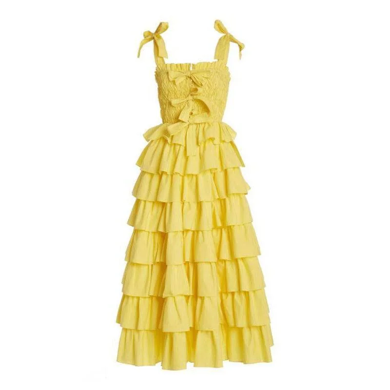 high-waisted dressYellow Multi Layer Bow Spaghetti Strap Maxi Dress