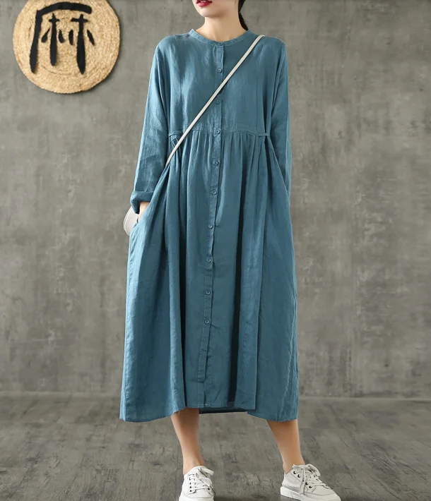 sleek midi dressO Neck Long Sleeve Summer Spring Linen Women loose Dresses DZA20643