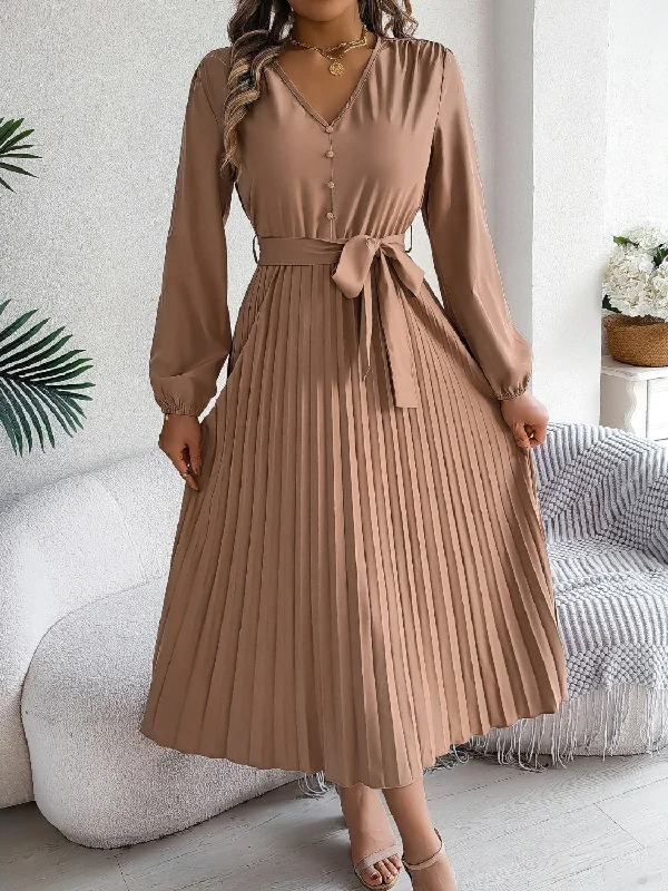 fitted cocktail dressPleated Tied V-Neck Long Sleeve Dress