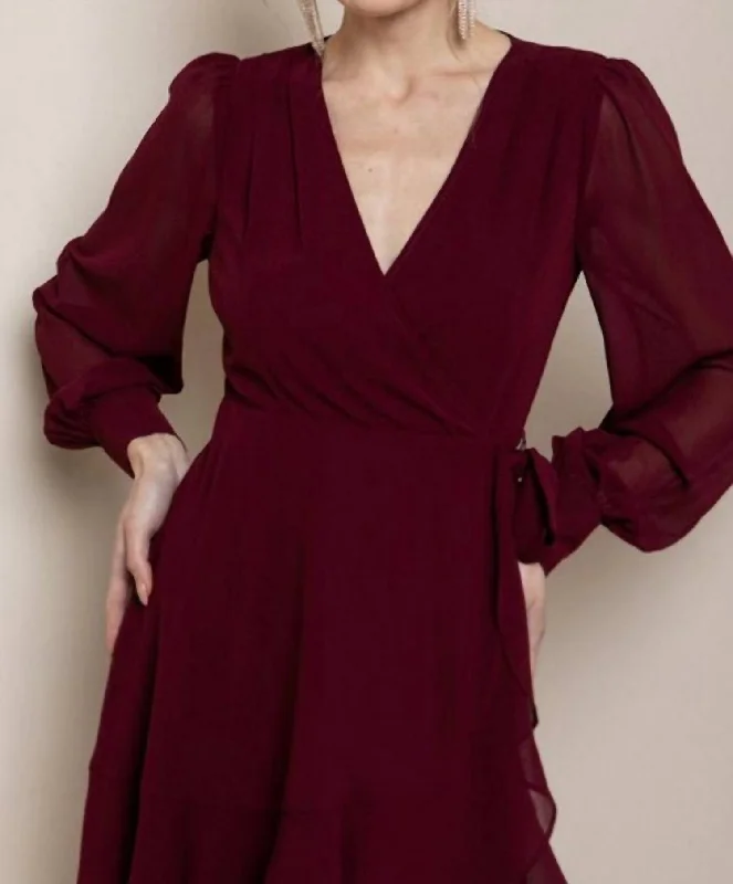 spaghetti strap dressLong Sleeve Wrap Dress In Cabernet