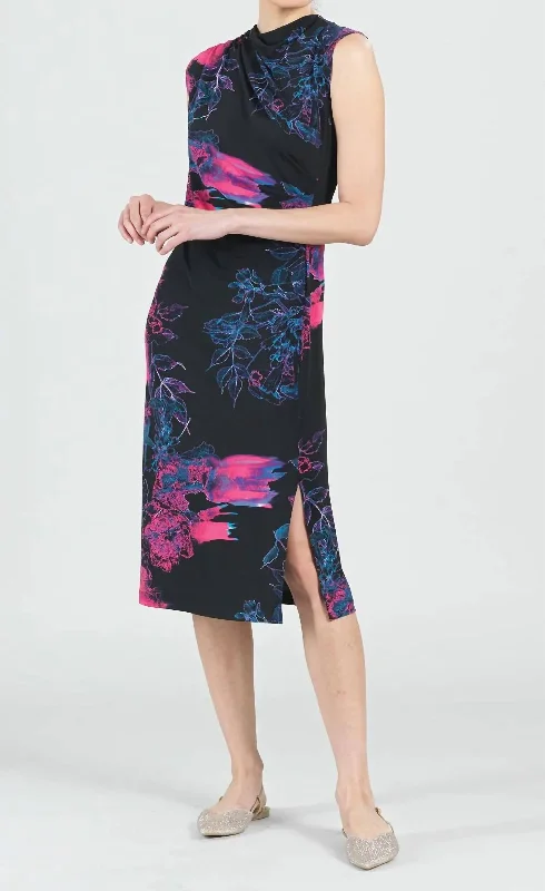 party-ready dressElectric Floral Ruched Dress In Black/fucshia