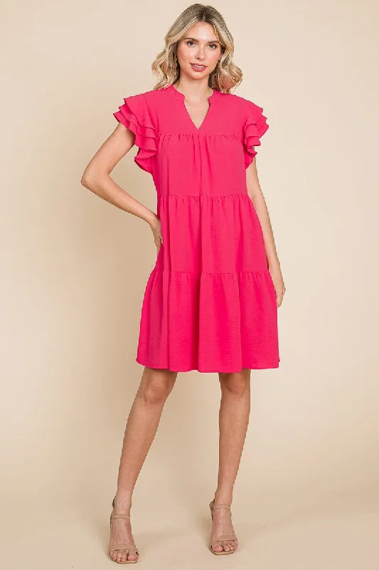 vintage-inspired dressTiered V Neck Ruffle Sleeve Dress- Plus Size Available