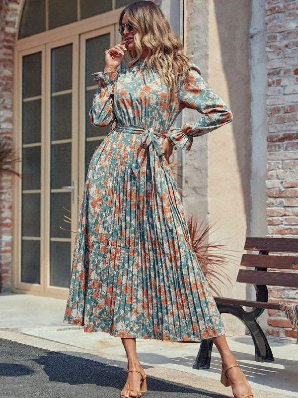 romantic dressPerfee Tied Pleated Printed Mock Neck Long Sleeve Dress