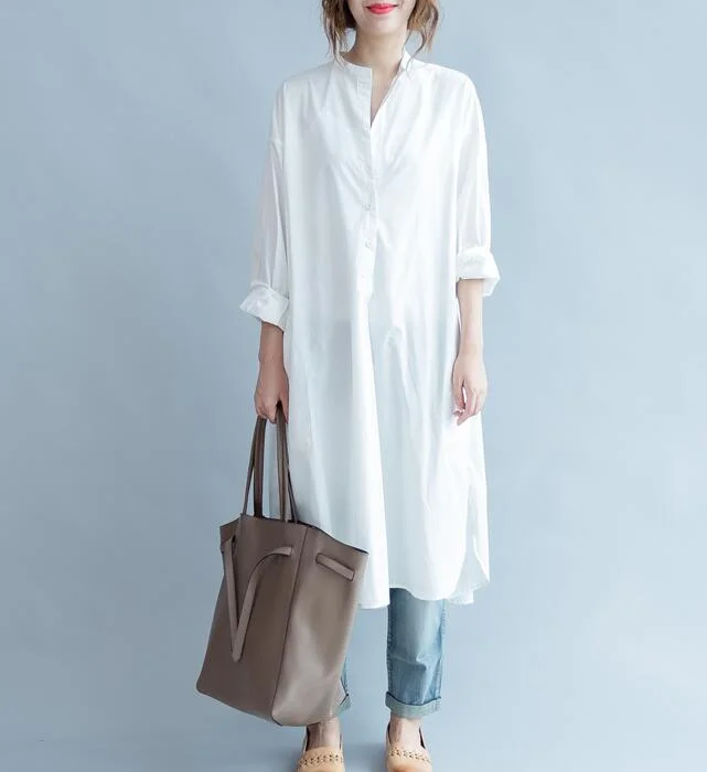 backless dressLoose Slit Buttons White Round Neck Shirts Spring Dresses