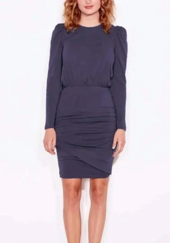 satin midi dressPuff Sleeve Shirred Dress In Navy