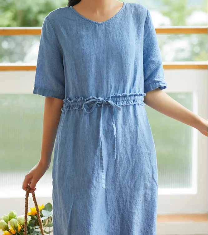 comfy dressBlue Women Dresses Ramie Casual Summer Linen Women Dresses SSM97215