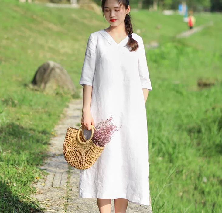 one-shoulder dressWhite Pleated Neck Women Dresses Casual Summer Linen Women Dresses Half Sleeve SSM97215