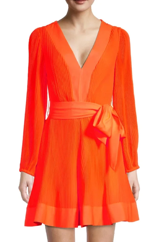 form-fitting dressLiv Pleated Chiffon Dress In Neon Orange