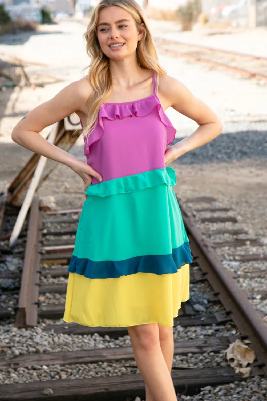 long sleeve dressFuchsia Shoulder Strap Color Block Tiered Ruffle Dress