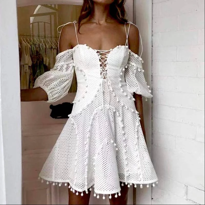 spaghetti strap dressWhite Mesh and Pom Pom Panel Dress