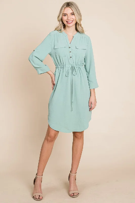 layered dress3/4 Sleeve Buttoned Waist Tie V Neck  Shirt Dress