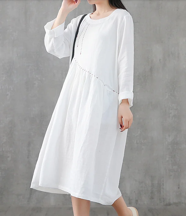 high-waisted dressLong Sleeve Summer Spring Cotton Linen Women loose Dresses DZA20631