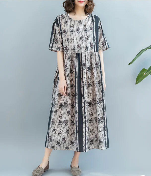 chic slip dressLoose Style Floral Summer Cotton Linen Spring Women Dresses QZ200521