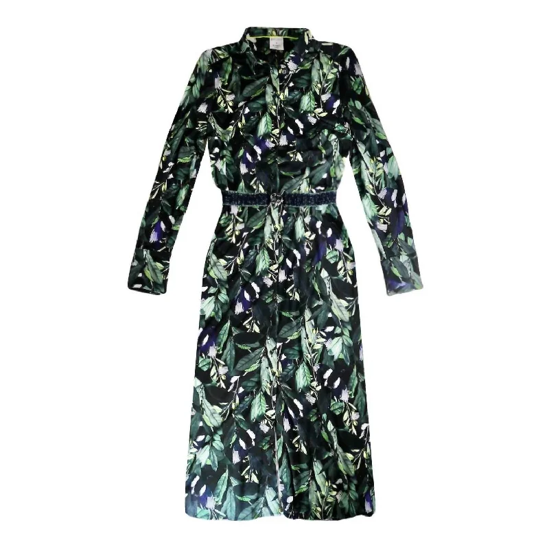 ashionable dressLeaf Print Long Shirt Dress In Green/multi