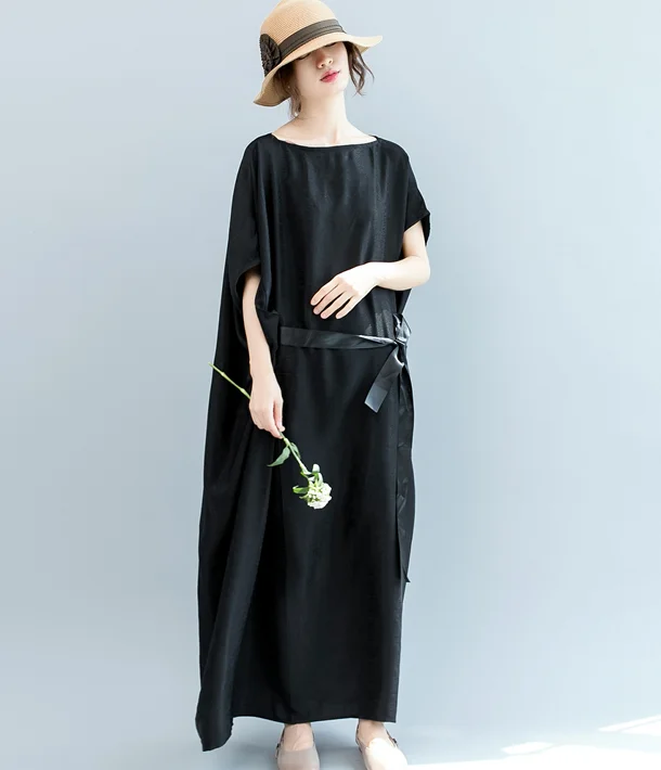 t-shirt dressBlack WaistLine Summer Cotton Linen Spring Women Dresses QZ200536