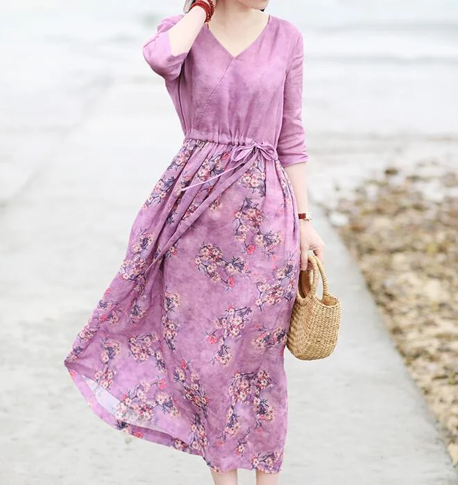 stylish party dressPurple Flroal Women Dresses Ramie Casual Spring Linen Women Dresses Short Sleeve SSM97215