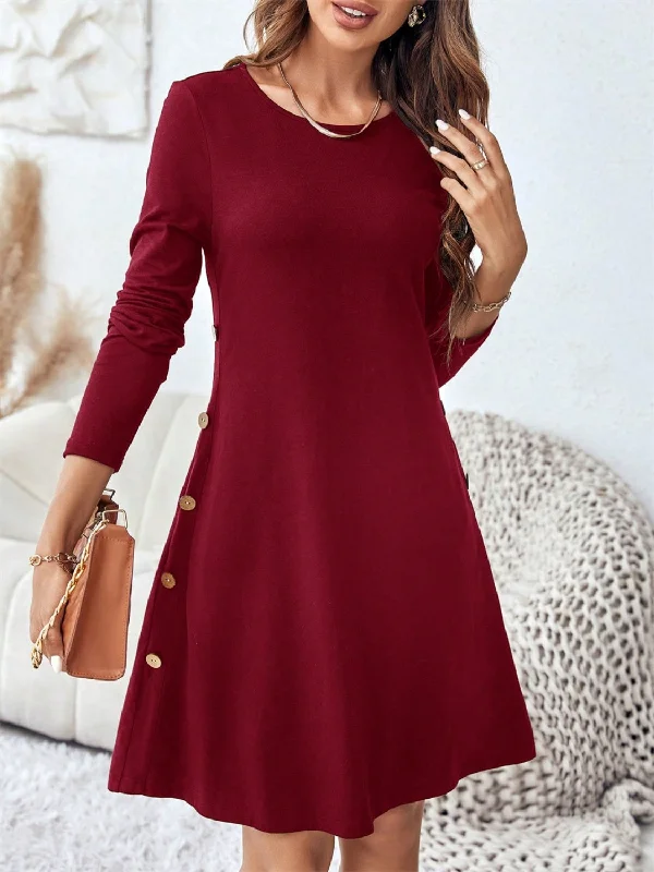 formal dressRound Neck Long Sleeve Mini Dress with Pockets