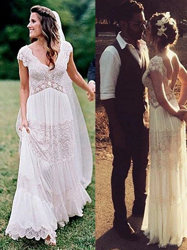Buy More, Save More A-Line/Princess Lace V-neck Ruched Short Sleeves Floor-Length Wedding Dresses Buy More, Save More A-Line/Princess Lace V-neck Ruched Short Sleeves Floor-Length Wedding Dresses