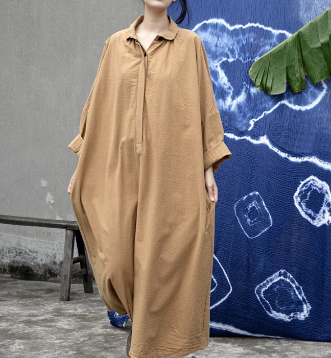 casual slip dressLong Sleeve Linen Loose Label Collar Women Dresses