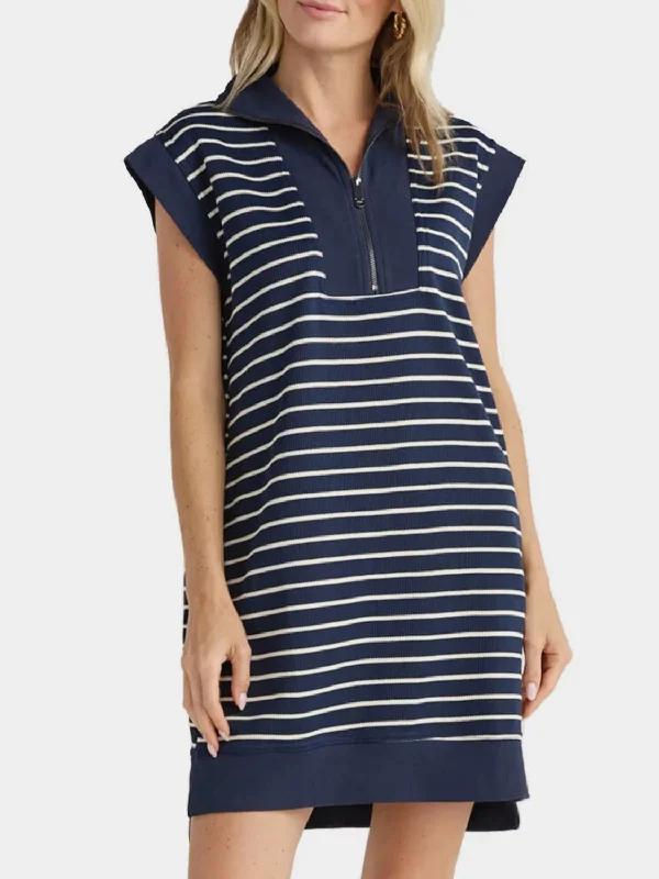 trendy dressFull Size Pocketed Striped Quarter Zip Cap Sleeve Dress