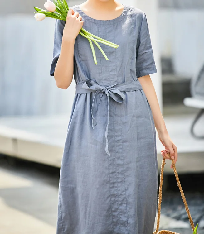 trendy dressGray Women Dresses Short Sleeve Casual Summer Linen Women Dresses SJ97215