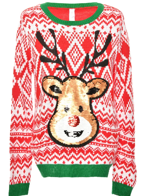 versatile coatGreen & Red Reindeer Design Christmas Jumper - XL