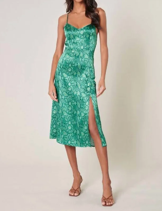 denim dressThe Gwendolyn Snake Print Parting Ways Midi Dress In Green