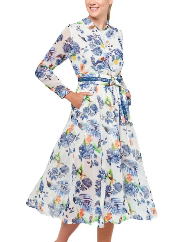 office dressBlue Leaf Print Jane Midi Dress In White Multi