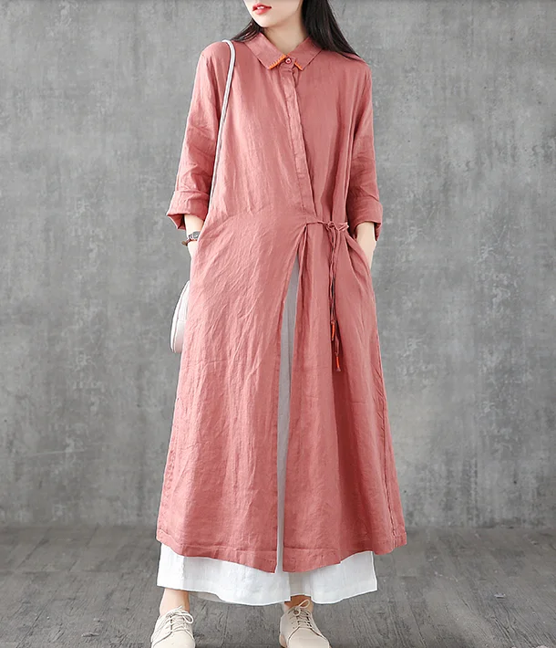 casual midi dressLong Sleeve Summer Spring Linen Women loose Dresses DZA05252