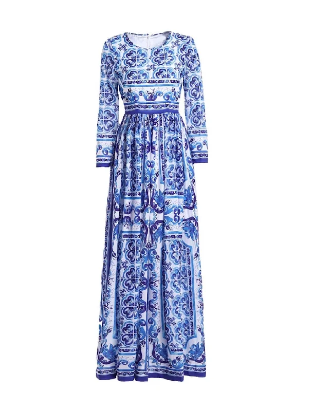 mini dressBlue White Porcelain Print Long Chiffon Dress