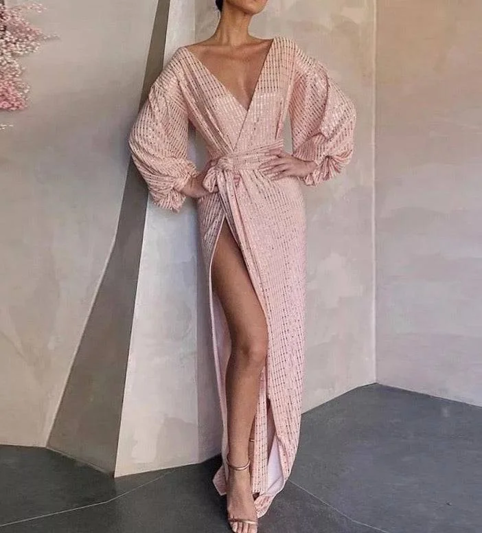 wrap-around dressBlush Pink Lantern Sleeve Tie Waist Long Dress