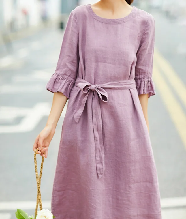 chic wrap dressPurple Pink Women Dresses Ruffle  Sleeve Casual Summer  Linen Women Dresses SJ97215