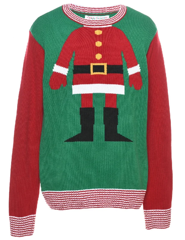 faux fur coatGreen & Red Santa Design Christmas Jumper - M