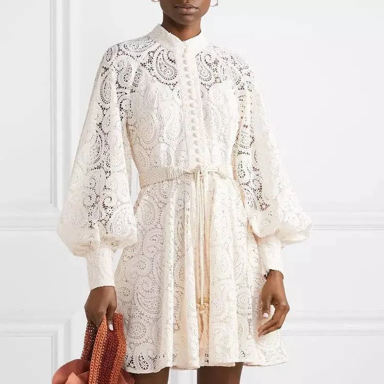 classic fit-and-flare dressIvory Paisley Lace Big Sleeve Belted Dress