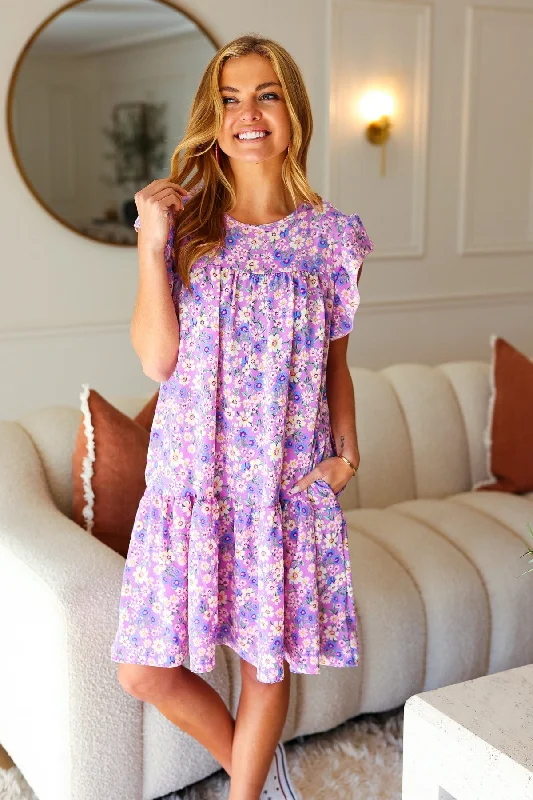 draped dressSpring Lilac Floral Tiered Ruffle Sleeve Woven Dress