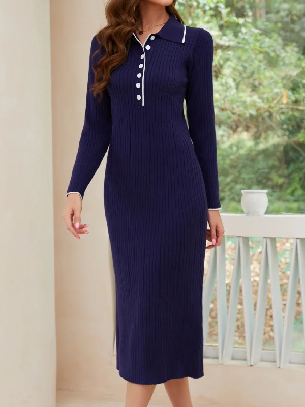 comfy maxi dressQuarter Button Long Sleeve Midi Dress