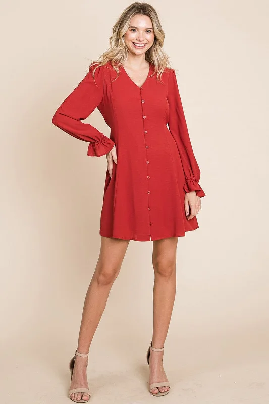 casual knit dressV neck Button Down Long Sleeve Dress