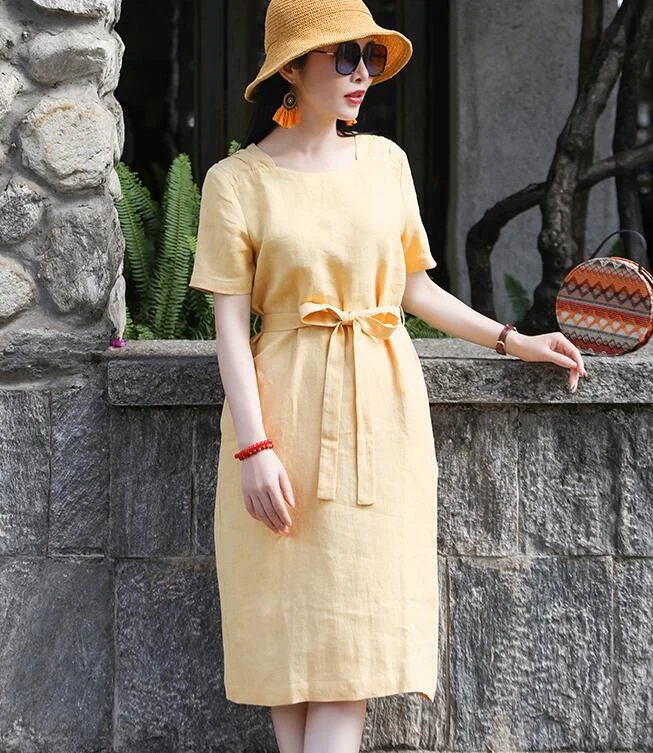 sleeveless dressYellow Women Dresses Ramie Casual Spring Linen Women Dresses SSM97215