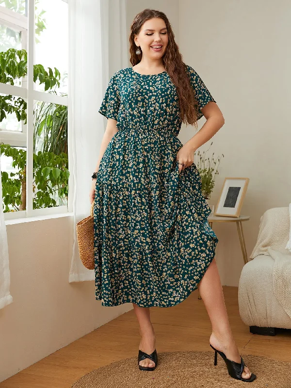 off-shoulder dressHoney Plus Size Floral Round Neck Short Sleeve Midi Dress