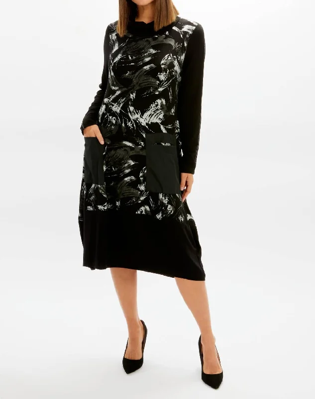 wrap-around dressBrushstroke Print & Faux Leather Dress In Black/silver