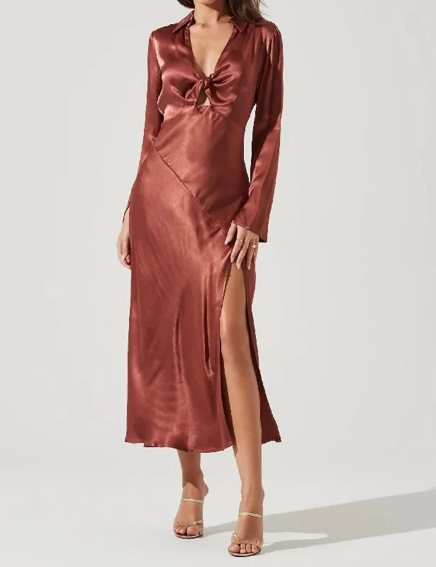 chic wrap dressWanda Satin Cutout Long Sleeve Midi Dress In Marsala