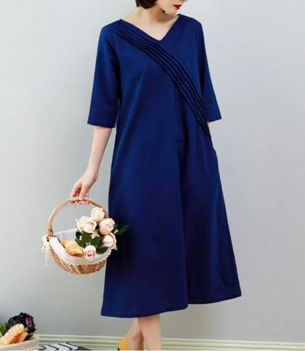 oversized dressNavy Blue Women Dresses Ramie Casual Spring Linen Women Dresses MN97215