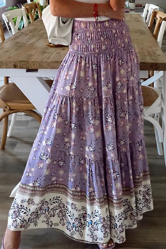 floral dressPurple Floral Print Shirred High Waist Maxi Skirt