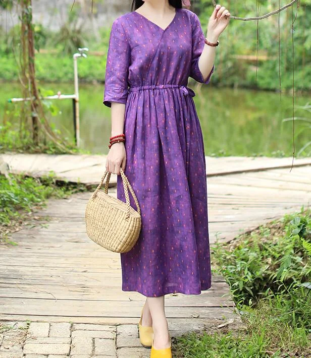 ruched dressPurple Patchwork Women Dresses Ramie Casual Spring Linen Women Dresses Half Sleeve SSM97215