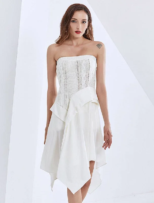 fitted dressStrapless Knit Irregular Skirt Dress in White