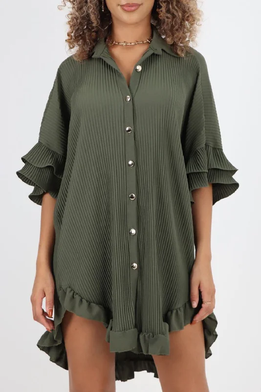 evening dressMoss Green Pleated Ruffle Sleeve Oversized Shirt Dress