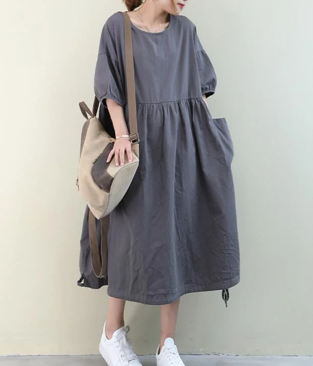 pleated dressLoose Draw String O Neck Women Dresses Casual Linen Women Dresses Bat Short Sleeve SSM97215