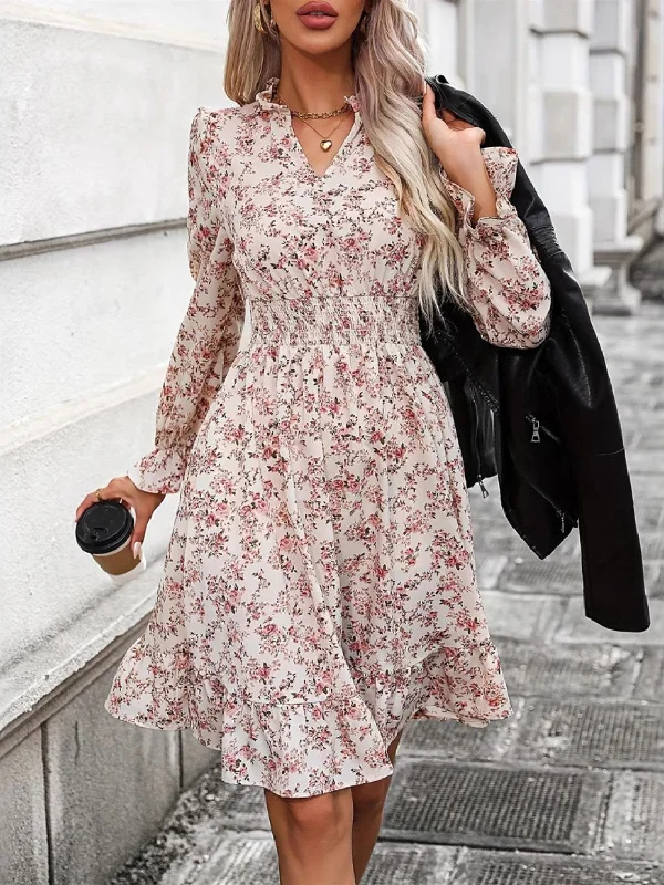 winter dressRuffle Hem Floral Surplice Long Sleeve Dress