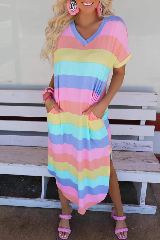 summer dressMulticolor Striped V Neck Side Slits T Shirt Dress with Pockets