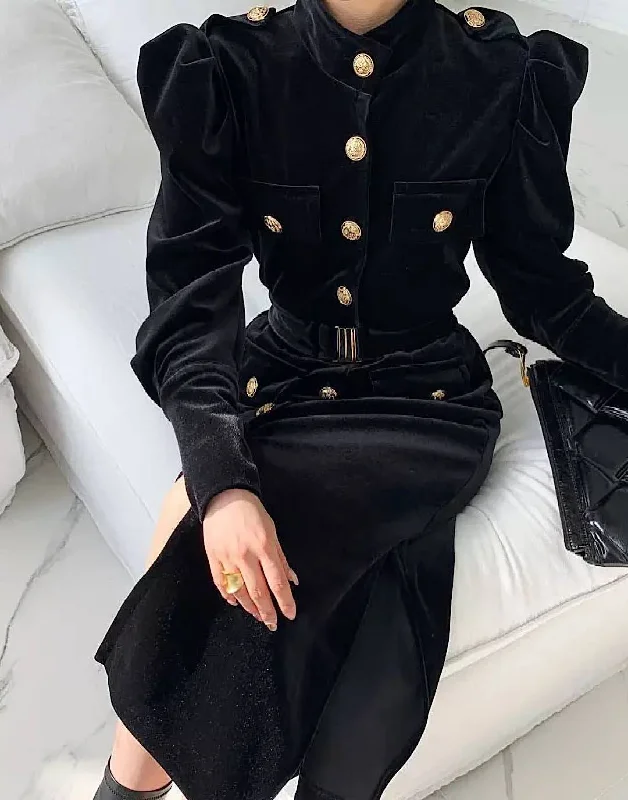 long sleeve dressVelvet Stand Collar Gold Button Slim Dress